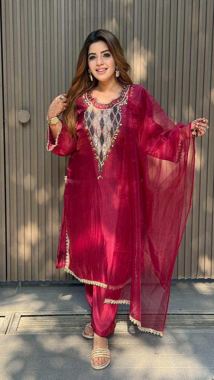 Nayira Suit Set- Gray, Maroon, Lavender